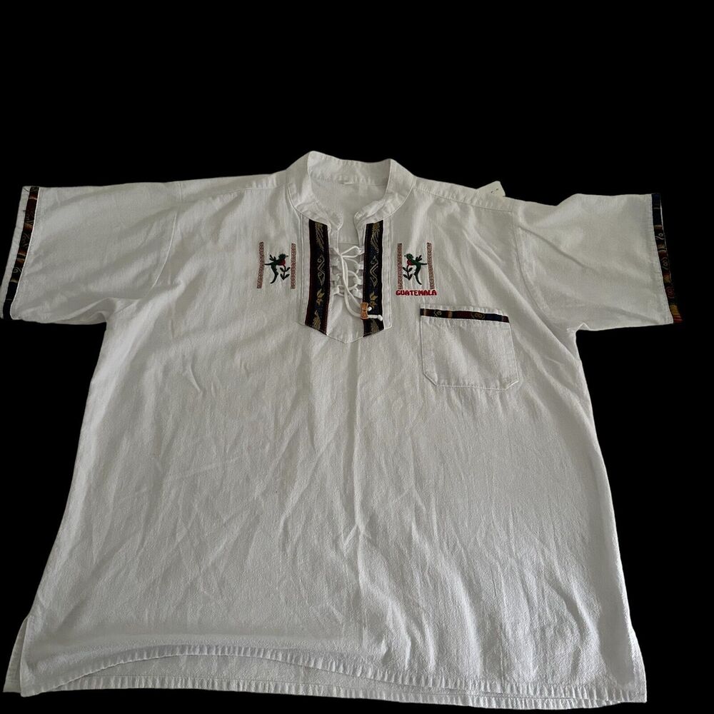 Guatemalan Embroidered Quetzal Bird Short Sleeve Henley Shirt Men Size XL White